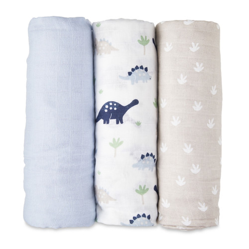 Parent's Choice Muslin Swaddle 3-pack, 100% Cotton, Blue Dinosaurs