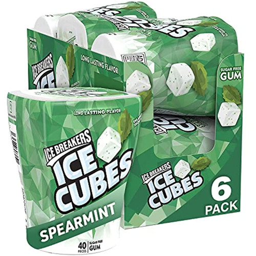 Ice Breakers Ice Cubes Spearmint Flavored Sugar Free Chewing Gum, Made With Xylitol, 40 Piece Container (6 Ct)