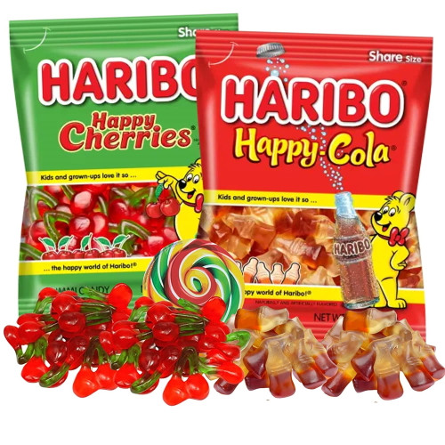 Haribo Gummi Happy Cherries And Cola Flavored Chewy Candies, Cherry And Soda Bottle Shaped Gummies, On The Go Fruit Snacks Shareable Bags 5 Ounce, Pack Of 2