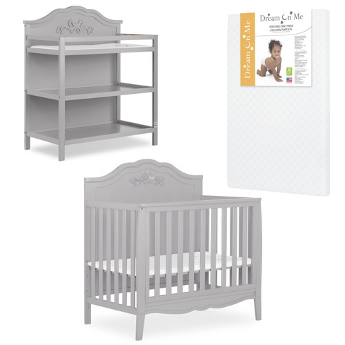 Slumber Baby Nursery Essentials Bundle Jasmine 4-in-1 Convertible Mini Crib, Slumber Baby Jasmine Changing Table, With A Dream On Me Sunset 3” Extra Firm Fiber Portable Crib Mattress In Platinum