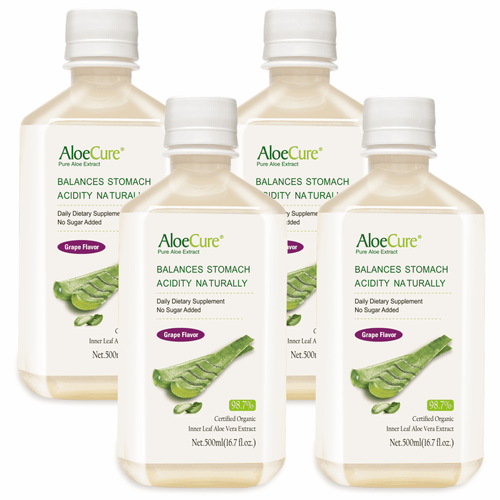 Aloecure Pure Aloe Vera Juice Grape Flavor 4x500ml Bottles, Acid Buffer, Certified Organic Aloe Processed Within 12 Hours Of Harvest To Maximize Nutrients, No Charcoal Filtering-inner Leaf