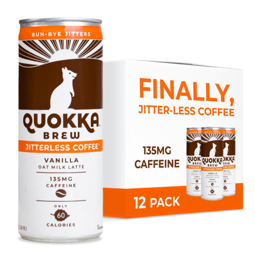 Quokka Brew Jitterless Coffee - Vanilla Oat Milk Latte, 12 Pack, 8.4oz, Vegan, Organic, Dairy-free, Adaptogenic, Canned Coffee