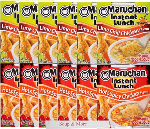 Maruchan Ramen Instant Cup Noodles 12 Count - 6 Lime Chili Chicken Flavor & 6 Hot & Spicy Chicken Flavor Lunch / Dinner Variety, 2 Flavors