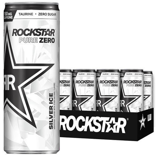 Rockstar Energy Drink, Pure Zero Silver Ice, 12oz Sleek Cans (8 Pack)