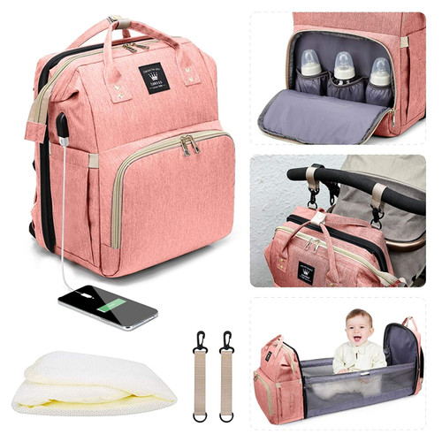 Leogreen 3 In 1 Diaper Bag Backpack, Multifunctional Waterproof Travel Nappy Bags With Usb Charging Port, Thermal Pockets, Stroller Straps Pink