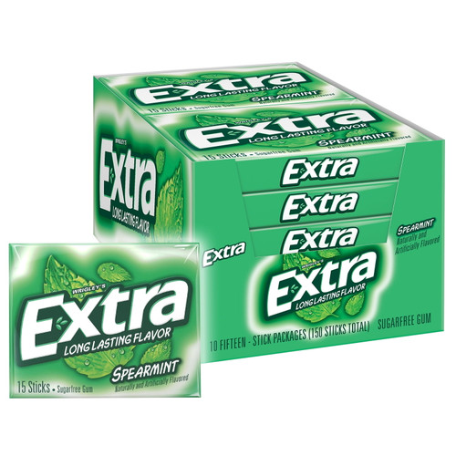 Extra Gum Spearmint Chewing Gum, 15 Piece Packs, 10 Count