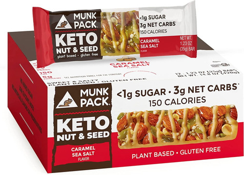 Munk Pack Keto Nut &amp; Seed Bar | Caramel Sea Salt | 12 Bars | Low Carb Keto Snack | Plant Based And Gluten Free Treat | No Added Sugar | Keto Food | Keto Candy Bar | &lt;1g Sugar, 3g Net Carbs