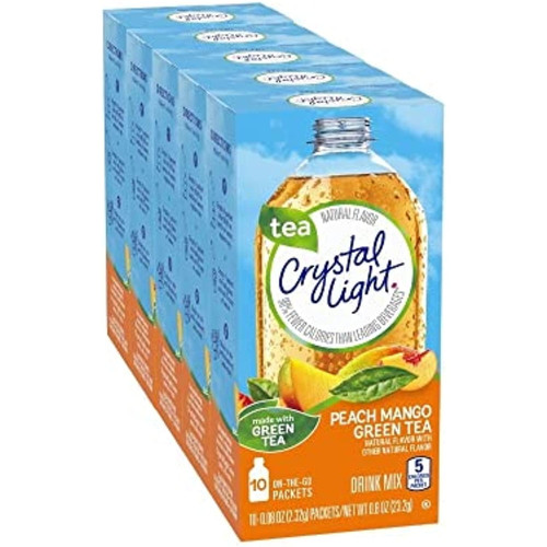 Crystal Light On The Go Peach Mango Green Tea Drink Mix, 10-packet Box (pack Of 5)