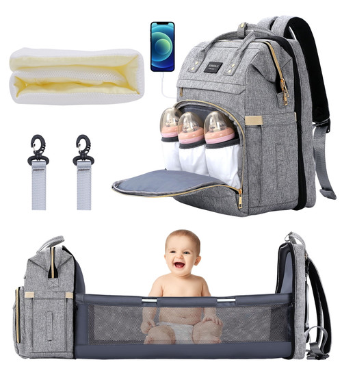 Baby Diaper Bag Backpack With Changing Station For Boy Girl, Baby Registry Search Shower Gifts Baby Stuff For Newborn Essentials Must Haves, Dad Travel Large Gray Diaper Bags