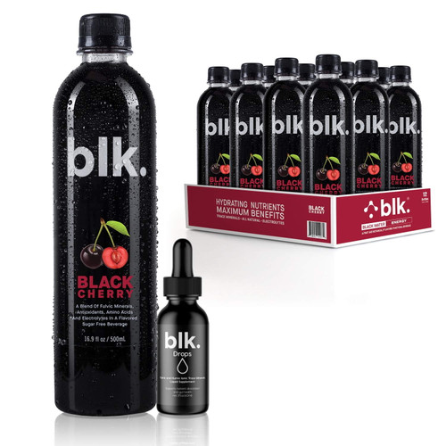 Blk. Black Cherry Fulvic Enriched Water 16.9oz / 500ml (12 Pack) + 2oz Fulvic Charged Drops