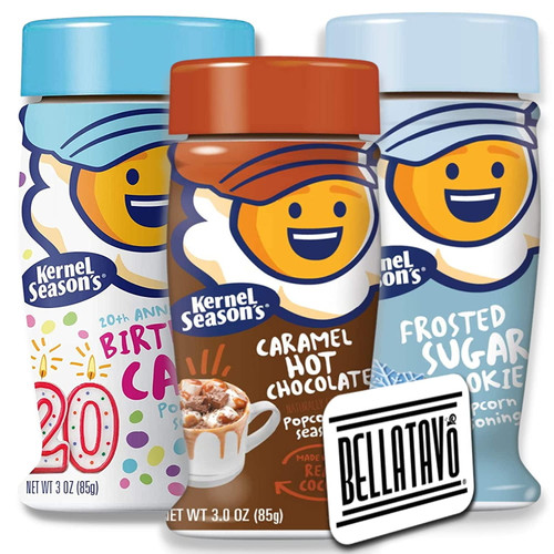 Limited Edition Popcorn Seasoning Bundle. Includes Three Kernel Seasons Popcorn Seasoning Jars And A Bellatavo Fridge Magnet. One Each: Birthday Cake, Frosted Sugar Cookies And Caramel Hot Chocolate