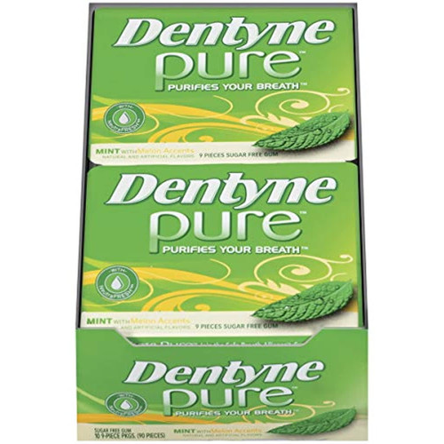 Dentyne Pure Mint With Melon Accents Sugar Free Gum, 10 Packs Of 9 Pieces (90 Total Pieces)