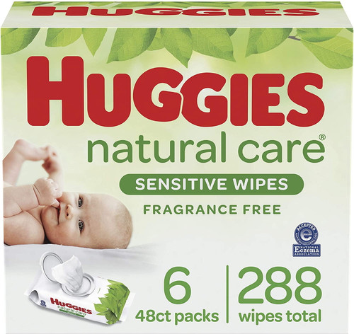 Baby Wipes, Huggies Natural Care Sensitive Baby Diaper Wipes, Unscented, Hypoallergenic, 6 Flip-top Packs (288 Wipes Total)