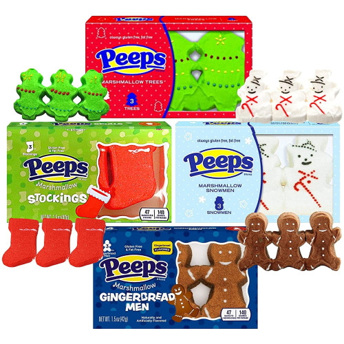 Christmas Peeps Marshmallow Candy Packs, Sugar Coated Character Shaped Marshmallows, Pack Of 4, 12 Pieces