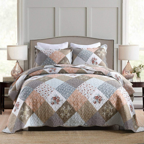 Wannatoo Quilt Set 3 Piece Microfiber Quilts Reversible Bedspreads Patchwork Coverlets Floral Bedding Set All Season, Brown Rose, King Size
