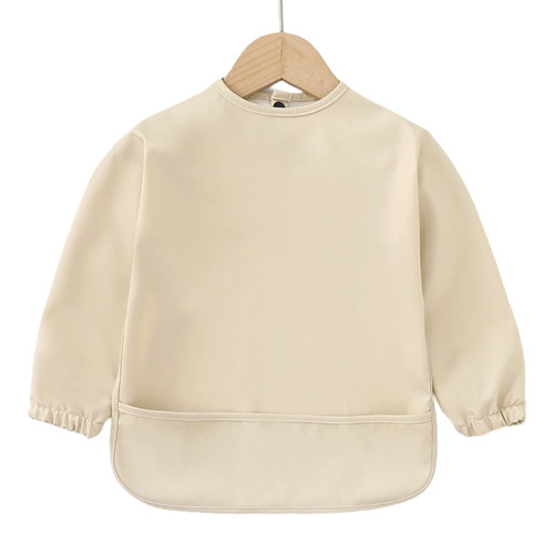 Zuarfy Baby Long Sleeve Bib Toddler Pu Waterproof Smock With Pocket Infant Feeding Apron Solid Color Burp Cloth
