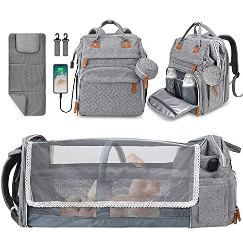 Baby Diaper Bag Backpack, Diaper Changing Station,derjunstar Portable Crib Bakcpack For Boys Girls,waterproof Changing Pad,usb Charging Port,pacifier Case, Sunshade And Toy Bar