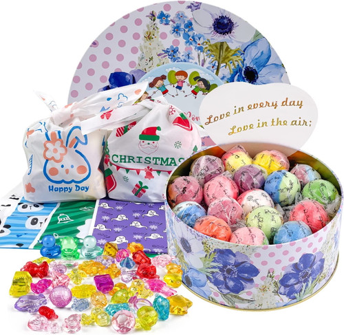 34+6 Bath Bombs With Crystal Toys Inside For Kids, Colorful Tin Case 34pcs Organic Surprise Bath Fizzy Bomb For Kids, Bubble Bath Home Spa Gift Set, 6pcs Themed Bags For Christmas, Birthday, Parties