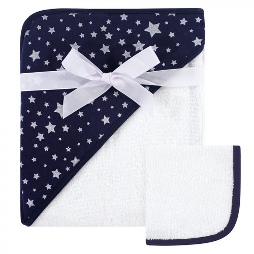 Hudson Baby Infant Cotton Hooded Towel And Washcloth 2pc Set, Navy Silver Star, One Size
