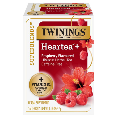 Twinings Superblends Heartea+ Raspberry Flavoured Hibiscus Herbal Caffeine Free Tea, Vitamin B1 To Support A Healthy Heart, 16 Tea Bags