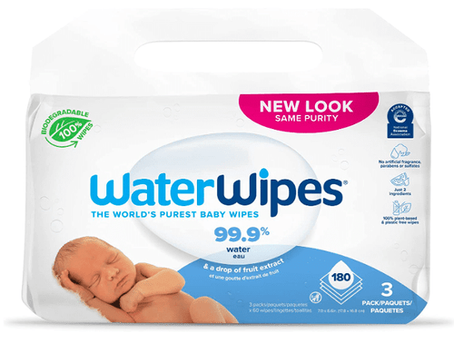Waterwipes Biodegradable Original Baby Wipes, 99.9% Water Based Wipes, Unscented & Hypoallergenic For Sensitive Skin, 180 Count (3 Packs), Packaging May Vary