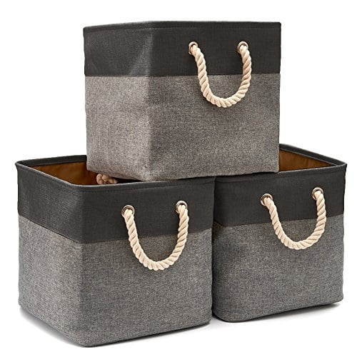 Ezoware 3-pack Collapsible Storage Bins Basket Foldable Canvas Fabric Tweed Storage Cubes Set With Handles For Babies Nursery Toys Organizer (13 X 13 X 13 Inches) (black/gray)
