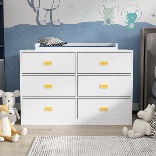 Timechee 6 Drawer Double Dresser, Nursery Dresser Chest With Changing Table Top, White