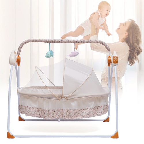 Miumaeov Electric Baby Crib Music Cradle Infant Bassinet Bed Auto Swing Newborn Sleeping Bed With Remote Control & Mat Pillow For 0-18 Months Baby (khakise)
