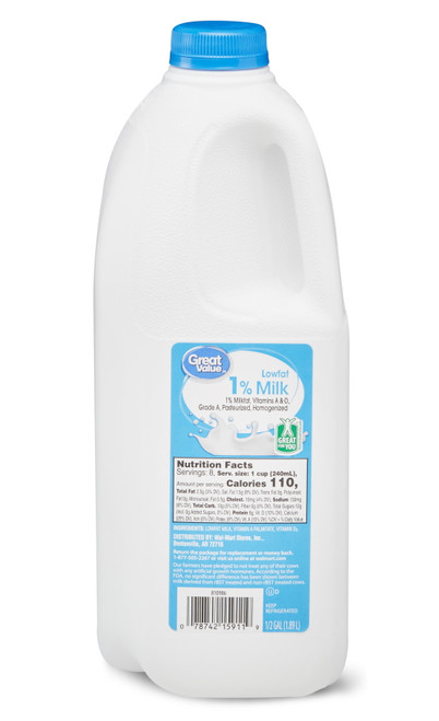 Great Value 1% Low-fat Milk, Half Gallon, 64 Fl Oz