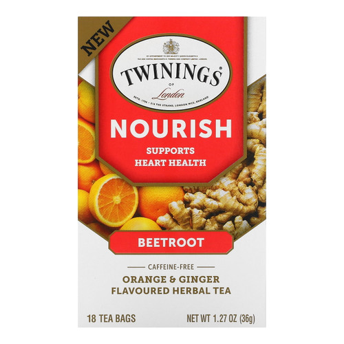 Twinings Nourish Herbal Tea, Beetroot, Orange & Ginger, Caffeine Free, 18 Tea Bags, 1.27 Oz (36 G)