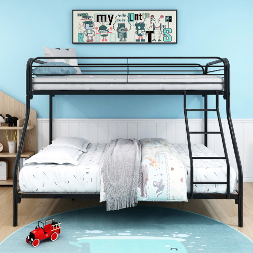 Aukfa Bunk Bed - Twin Over Full Sturdy Steel Metal Bed Frame With Flat Ladder And Guardrail For Children/teens/adults - Black