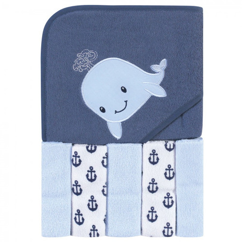 Hudson Baby Infant Boy Hooded Towel And Five Washcloths, Sailor Whale, One Size