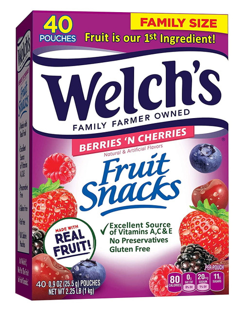 Welch's Fruit Snacks, Berries 'n Cherries, Gluten Free, Bulk Pack, 0.9 Oz Individual Single Serve Bags (pack Of 40)