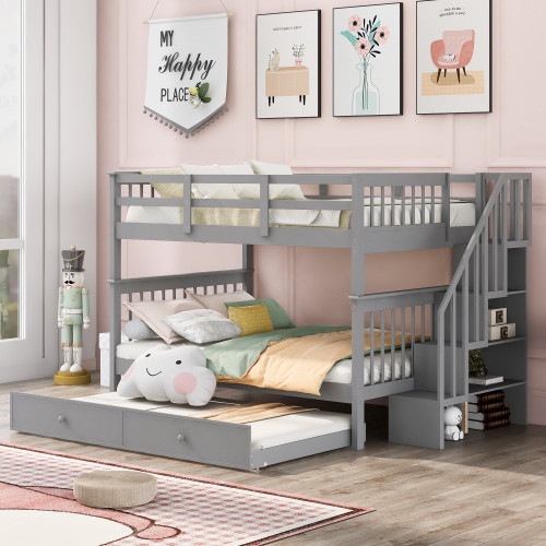 Full Over Full Stairway Bunk Beds With Trundle, Wood Trundle Bunk Bed For Kids Toddler Boys Girls Adults, Wood Bunk Bed Frame With Storage And Guard Rail, Full Over Full, Grey