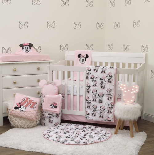 Disney Minnie Mouse 6 Piece Nursery Crib Bedding Set, Comforter, Two 100% Cotton Fitted Crib Sheets, Dust Ruffle, Baby Blanket, Changing Pad Cover, Pink, Grey & White