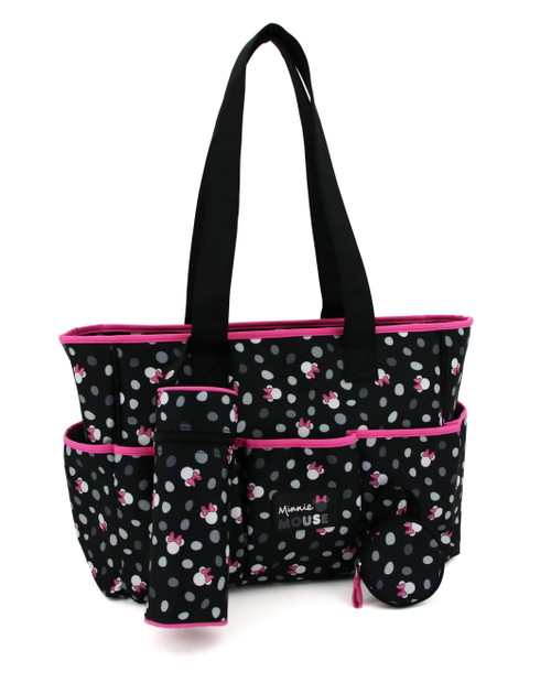 Disney Minnie Mouse Multi Piece Diaper Bag Set With Minnie Mouse Toss Heads Print (includes Changing Pad, Insulated Bottle Holder And Pacifier Holder