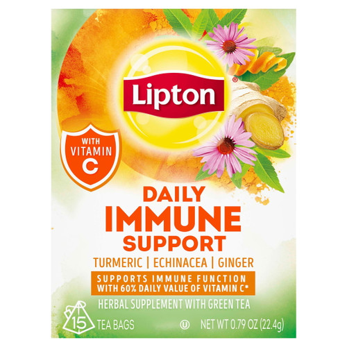 Lipton Immune Support Herbal Green Tea Supplement, Caffeine-free, Tea Bags 15 Count Box