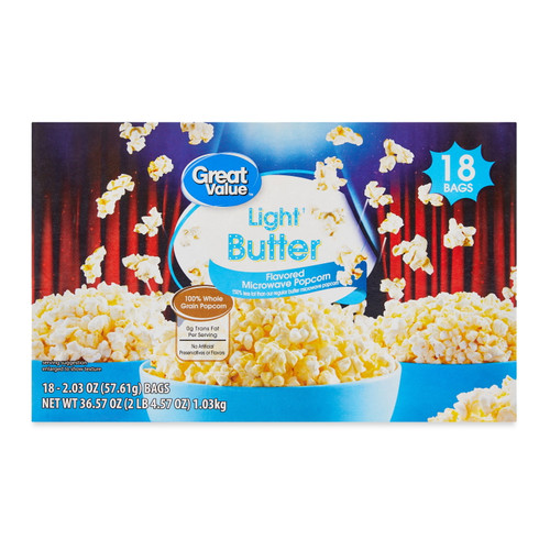 Great Value Light Butter Flavored Microwave Popcorn, 2.03 Oz, 18 Count