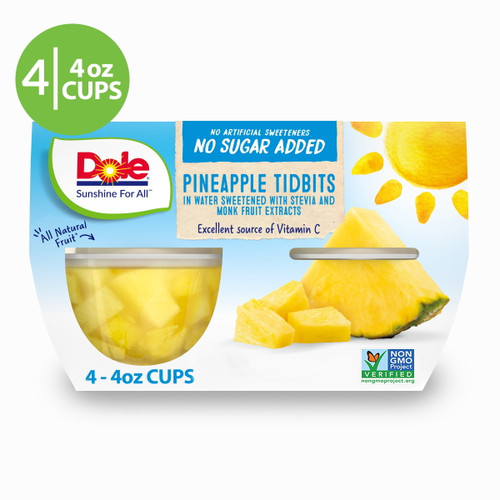 Dole Fruit Bowls No Sugar Added Pineapple Tidbits In 100% Fruit Juice, 4 Oz Fruit Bowls, 4 Cups Of Fruit