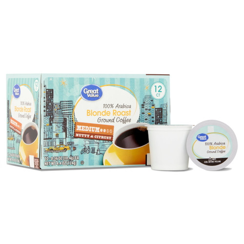 Great Value 100% Arabica Blonde Medium Roast Ground Coffee Pods, 12 Ct