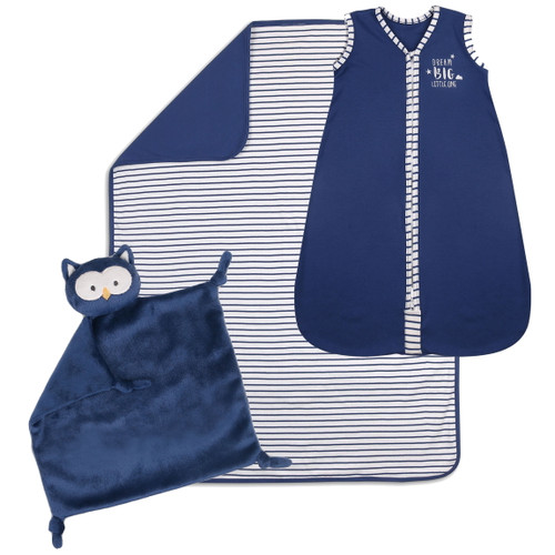 The Peanut Shell Baby Boy Sleep Time 3-piece Gift Set - Navy Blue 100% Lightweight Cotton Sleep Bag, Blanket, And Owl Security Blanket