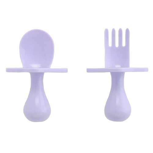 Nooli First Self-feeding Utensils: Usa-made, Bpa-free Spoon & Fork Set For Babies & Toddlers Ages 6+ Months, Anti-choke Shield, Easy-grip Handles For Baby-led Weaning And Independent Eating (lavender)