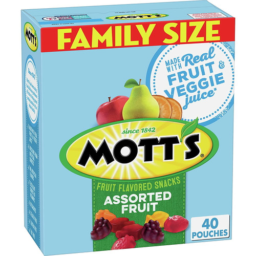 Mott's Fruit Snacks, Assorted Fruit, Gluten Free, 0.8 Oz, 40 Ct