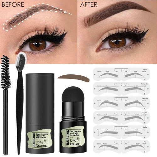 One Step Eyebrow Stamp Shaping Kit Brow Definer Powder Stamp Makeup 6 Pairs Reusable Eyebrow Stencils, Eyebrow Pen Brush And Eyebrow Trimmer Long Lasting Buildable Eyebrow Makeup Tools (dark Brown)