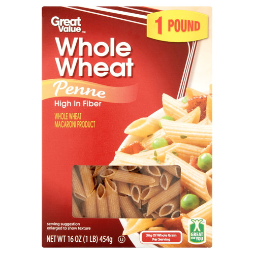 Great Value Whole Wheat Penne, 16 Oz