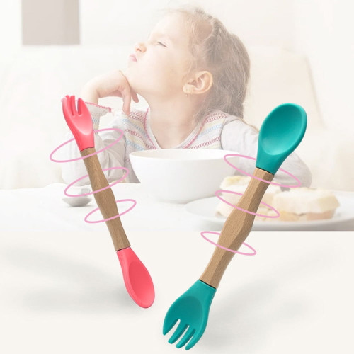 Kangqi 1pc Wooden Silicone Infant Baby Spoon Fork Safety Feeding Flatware Tableware