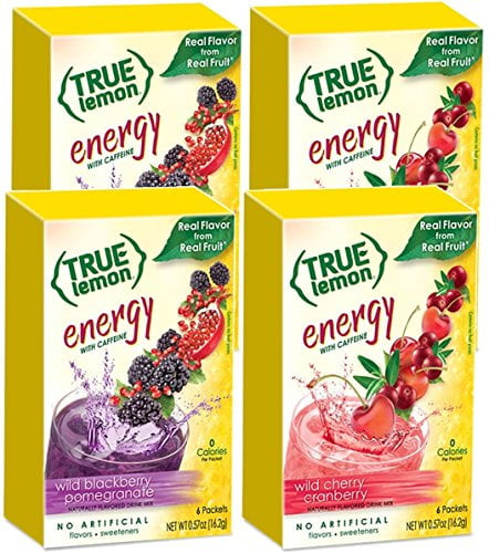 True Lemon (energy Drinks) Wild Cherry Cranberry & Wild Blackberry Pomegranate 2 Boxes Each Flavor (4 Boxes Total), 24ct Instant Powdered Drink Mix Packets Total, By True Citrus