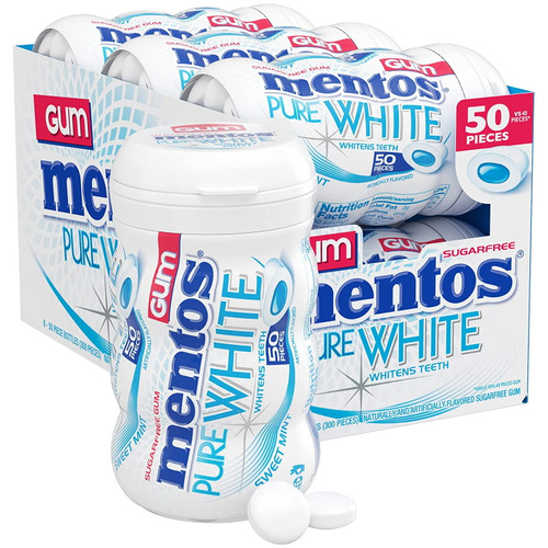 Mentos Pure White Sweet Mint Sugar Free Chewing Gum, 50pc (6 Bottles)