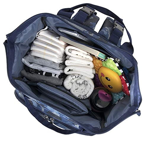 Wide Open Frame Diaper Bag Backpack And Nappy Travel Bag Tote With Changing Pad, Stroller Straps (blue Camo)