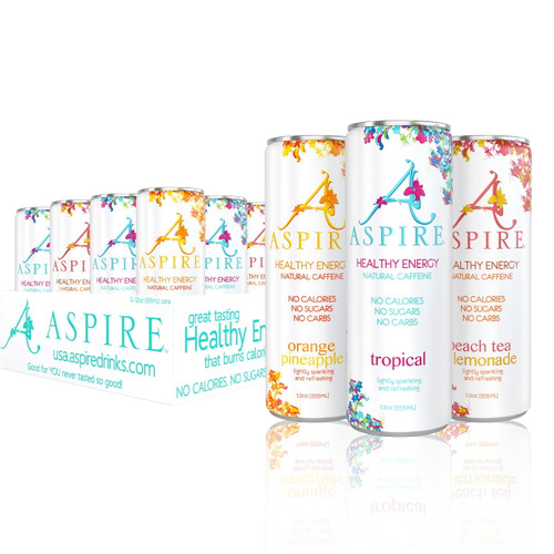 Aspire Healthy Energy, Tropics Variety, Sugar Free Energy Drink, 12 Oz Cans, 80 Mg Of Natural Caffeine, Zero Sugar, Sparkling Caffeinated Drink, Natural Energy With Vitamins B & C, Keto Drink, Vegan